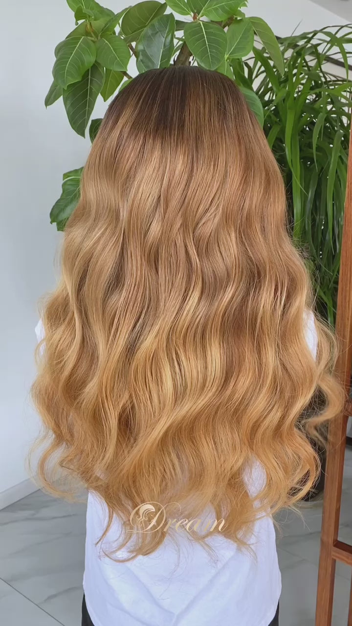 L2-01 Rooted Honey Caramel Body Wave Human Hair Wig