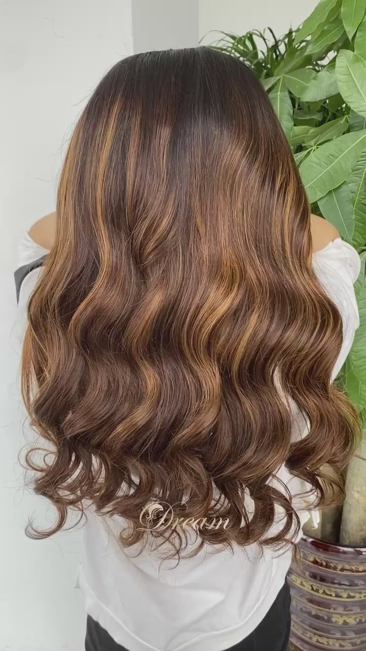 L1-09 Dark Brown Caramel Balayage Body Wave Human Hair Wig